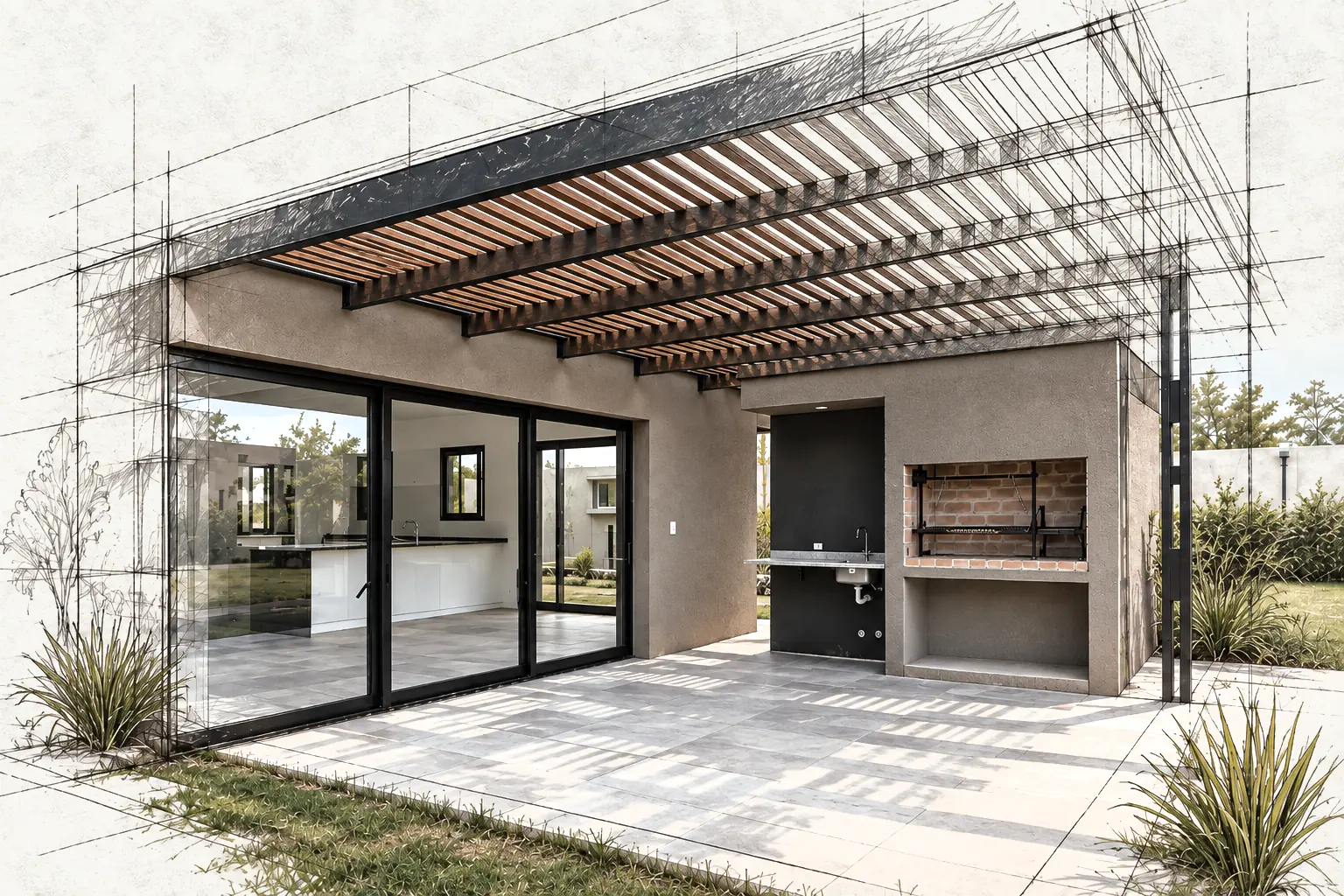 Galería con pérgola y aberturas negras de vidrio repartido, mitad foto y mitad dibujo técnico