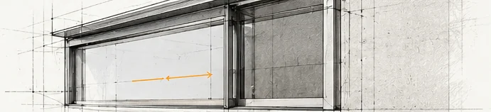 Ventana corrediza de aluminio, mitad foto y mitad dibujo técnico